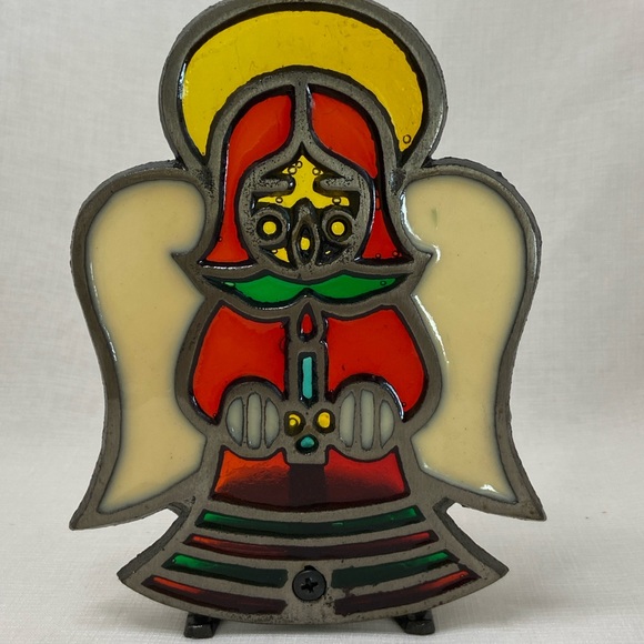 Vintage Stained Glass Cast Iron Christmas Angel Tea Light Holder 6” - Picture 1 of 8